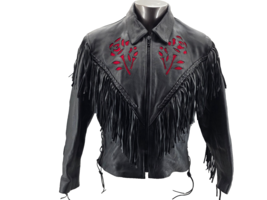 Vintage Womens Black Leather Fringe Jacket With Red Rose Embroidery Wome... - $89.17