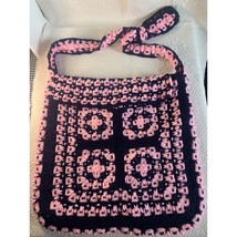 Handmade Pink &amp; Navy Hand Crocheted Fabric Lined Handbag - £23.83 GBP