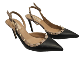 VALENTINO GARAVANI Black &amp; Poudre Calfskin Nappa Rockstud Slingbacks - S... - $499.99