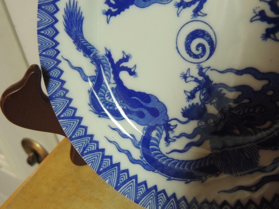 Japanese 6.75" Plate Dragon Pearl blue white marked Nippon Item image 5