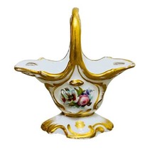 Vintage Hand Painted Floral Porcelain Basket Gold Accent - $22.99