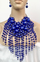 Royal Blue Faux Pearl Statement Heavy Fringe Layered Bib Necklace Earrings Set - $61.75