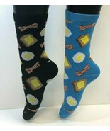2 PAIRS Foozys Women&#39;s Socks, BACON EGGS TOAST, Breakfast, Black Blue, NEW - $8.99