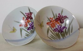 Set of 2 Viintage Saki Cups Iris and Butterfly Hand Painted Delicate - £19.49 GBP