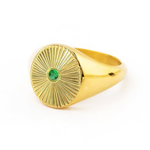 Hand Carved Emerald Signet Ring, Sun Ray Gold Signet Ring, Natural Emerald Ring - £1,141.25 GBP