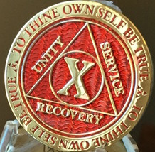 10 Year AA Medallion Red Gold Plated Alcoholics Anonymous Sobriety Chip ... - $17.99