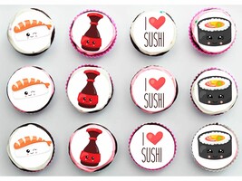 Twelve 2" Cupcake Toppers Kawaii Sushi Themed Birthday Edible Image Edible Cake  - $16.47