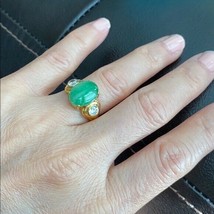 14K Solid Yellow Gold Oval Green Jade CZ Ring Size 5.5 - £419.66 GBP