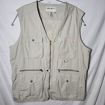 Eddie Bauer Utility Vest Mens Size Medium Khaki Beige Hiking Fishing Pockets - £29.65 GBP