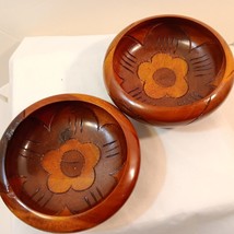 Set of 2 Vintage Wood Hand Carved Floral Salad Bowls/ Home Decor/ Trinket Dishes - £12.63 GBP