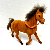Vintage Flocked Velvet Brown Horse with Bridle Hair Mane Tail 5 inch Toy... - $11.61