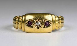 Antique Edwardian 18ct Yellow Gold Over 0.30 Ruby &amp; Diamond Gypsy Wedding Ring - £89.08 GBP