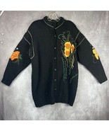 Vintage Mohair Wool Blend Cardigan Sweater L Cable Knit Floral Embroider... - $108.46 CAD