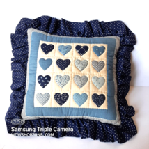 Vintage Handmade Handstitched Heart Quilted Blue Ruffles Cotton Pillow Accent - £39.40 GBP