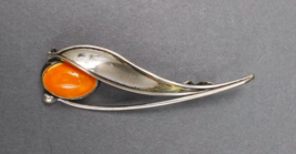 Vintage Signed 925 Sterling Silver Amber Modernist Pin Brooch Pendant - £395.07 GBP