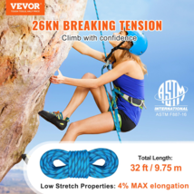 Static Climbing Rope, 32ft, 26KN Breaking Tension 10mm Safety Rope w/ Carabiners - £28.58 GBP