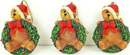 Christmas Bear Wreath Ornaments Set Of 3 Hand Painted All About 3&quot; NWOT - £9.31 GBP