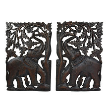 Leisurely Couple Elephant Hand Carved Wood Wall Art Panel Set - £45.56 GBP