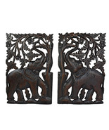 Leisurely Couple Elephant Hand Carved Wood Wall Art Panel Set - £45.68 GBP