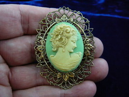 (cm5-28) LADY looking down flower hair green + ivory Cameo Pin Pendant brooch - £27.19 GBP