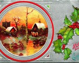 A Merry Christmas Silver Foil Holly Cabin Scene UNP Embossed DB Postcard C6 - $10.84
