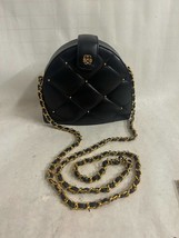 Vintage Navy Blue Quilted Leather Bag with Rhinestones and Chain Strap - £31.65 GBP