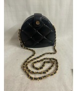 Vintage Navy Blue Quilted Leather Bag with Rhinestones and Chain Strap - £31.13 GBP