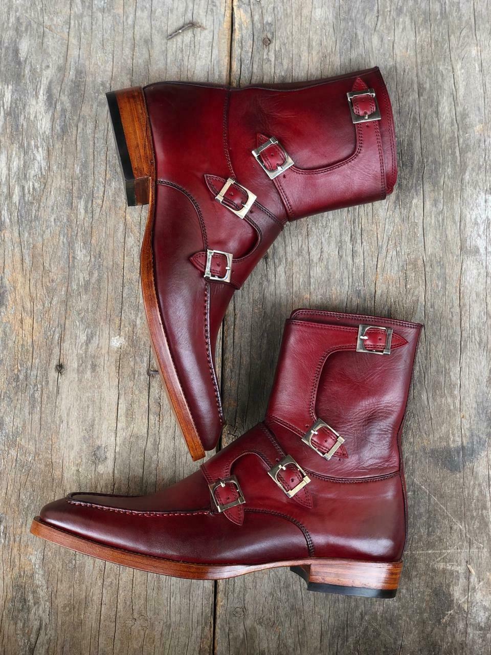Handmade Men's Burgundy Leather buckles Ankle Boots, Men Fashion Designer Boots