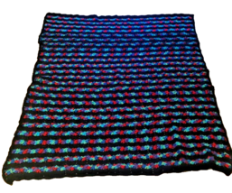 Handmade Crochet Afghan Rainbow Chain on Black Blanket 69&quot;x 59&quot; VTG Boho  - £27.67 GBP