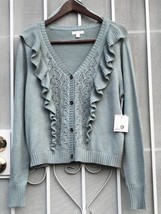 LAUREN CONRAD ~ Sz XL Ruffled Pointelle Cardigan Sweater Cotton Acrylic Blend - £15.68 GBP