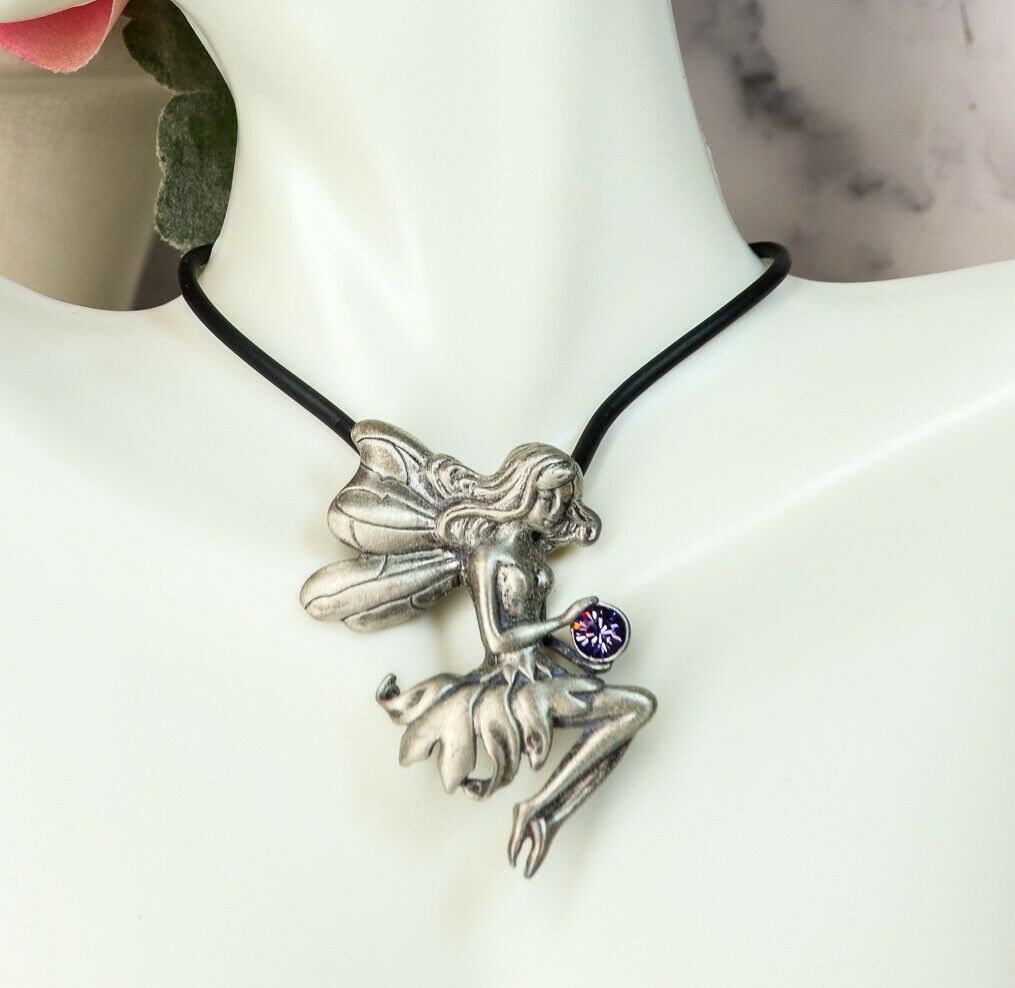 Ebros Enchanted Fairy Holding Purple Gem Medallion Necklace Accessory Jewelry