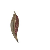 Gold-Tone Leaf Brooch With Red Rhinestones Elegant Pin Jewelry Accessory - $11.57