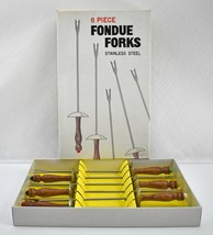 Vintage Fondue Forks 6 in Original Box-Stainless Steel Drip Shield Wood Handle - £15.14 GBP