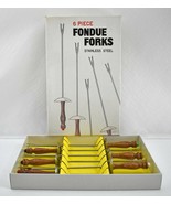 Vintage Fondue Forks 6 in Original Box-Stainless Steel Drip Shield Wood ... - $18.95
