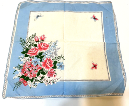 Vintage Womens Handkerchief Flowers Butterflies Blue Pink White 14 In Sq... - £8.52 GBP