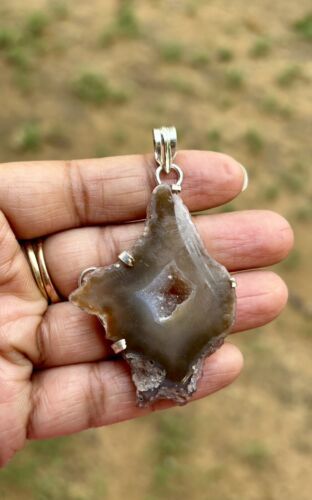 925 Sterling Silver Plated, Druzy Geode Agate Stone Pendant, Healing, Ch... - $12.11