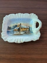 small 4&quot; glass hand painted candy dish, snowy cabin scene - $11.88