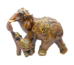 Large Size Mother Elephant With Calf Figurine Faux Wood Finished Resin Feng Shui - £17.71 GBP