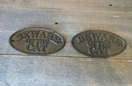 2 Cast Iron Beware Of The Cat Sign Rustic Wall Decor Fence Kennel Gate Pet - £19.90 GBP