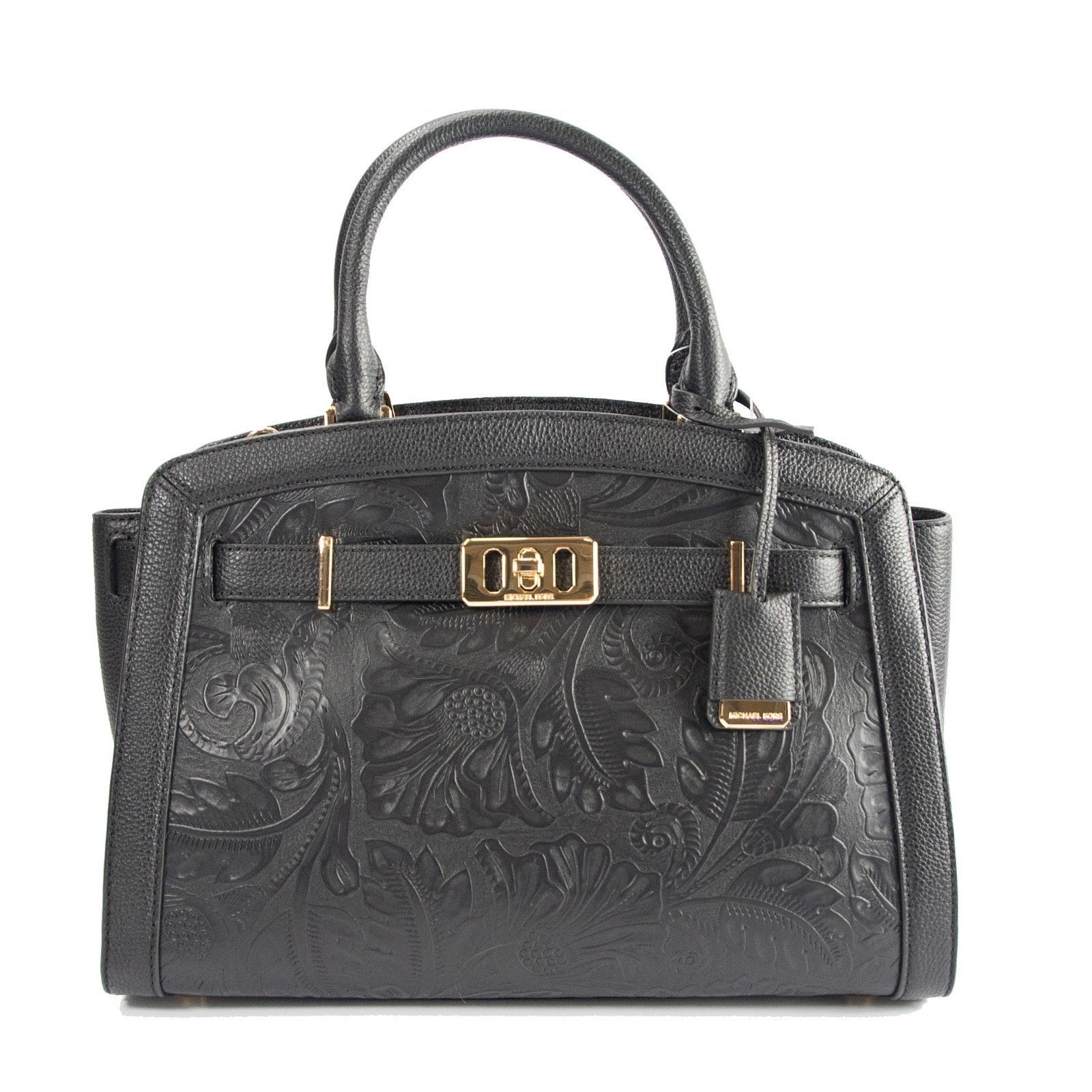 Michael Kors Karson Large Black Floral Tooled Leather Satchel Shoulder Bag NWT - $242.06