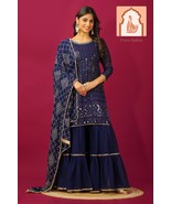 Navy Blue Georgette Sharara Set with Sequence Embroidery - $55.00
