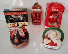 5 Lot Vintage Coca Cola Christmas Ornaments Bulbs Santa Claus Polar Bear - $37.14