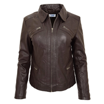 DR223 Women&#39;s Classic Leather Biker Zip Box Jacket Brown - £118.94 GBP