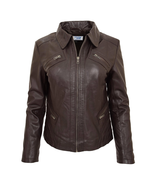 DR223 Women&#39;s Classic Leather Biker Zip Box Jacket Brown - £117.51 GBP