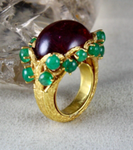 Unique Natural Pink Tourmaline Emerald Cabochon Carved Silver Gold Plated Ring - £1,289.34 GBP