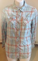 Arizona Jeans Rockabilly Western Womens Blue Plaid Snap Front Shirt Size Small - £8.49 GBP