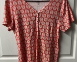Croft &amp; Barrow Short Sleeved Top Womens L Floral V Neck  Red White Button - $13.73
