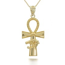 14K Solid Gold Textured Ankh Cross Eye of Horus Pendant Necklace - £190.09 GBP+