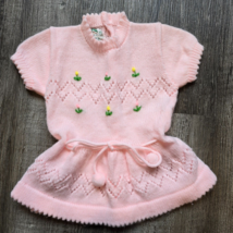 Soft Spun Baby Sweater Dress Pink Girls Flowers Size 9 Months Vintage Japan - £24.08 GBP