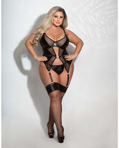 Lame &amp; Net Cami w/Attached Garters &amp; G-String Black 1X/2X - £30.67 GBP